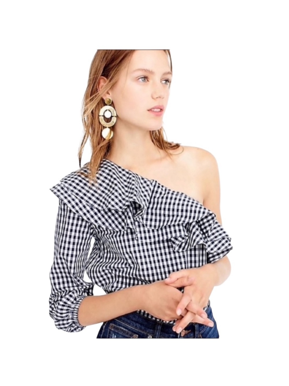 J. Crew navy white gingham one-shoulder ruffle blouse 100% cotton Size 2
